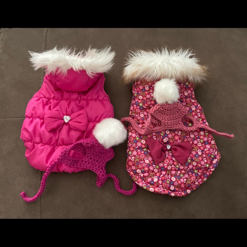 GUC size small doggy coats, matching hats and boots